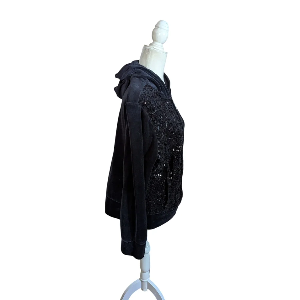 Y2K Onque Casuals Black Velour Zip Up Hooded Jacket Sparkles Sequins Front Sz L